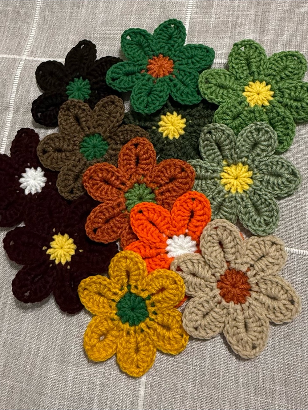 Set of 12 Crocheted Flower Appliqués in Autumn Colors